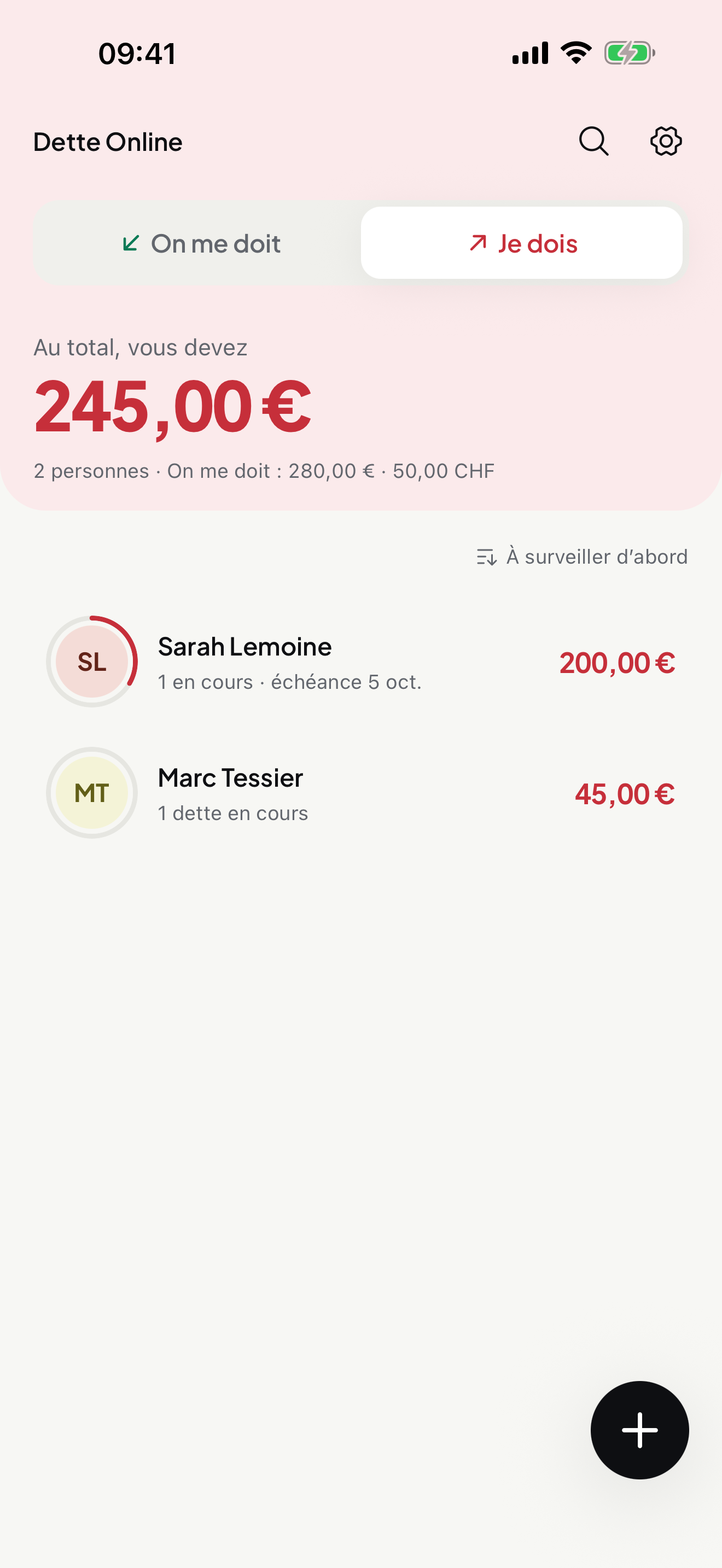 Écran d'accueil, vue « Je dois » : 245,00 € à rendre, Sarah Lemoine et Marc Tessier.