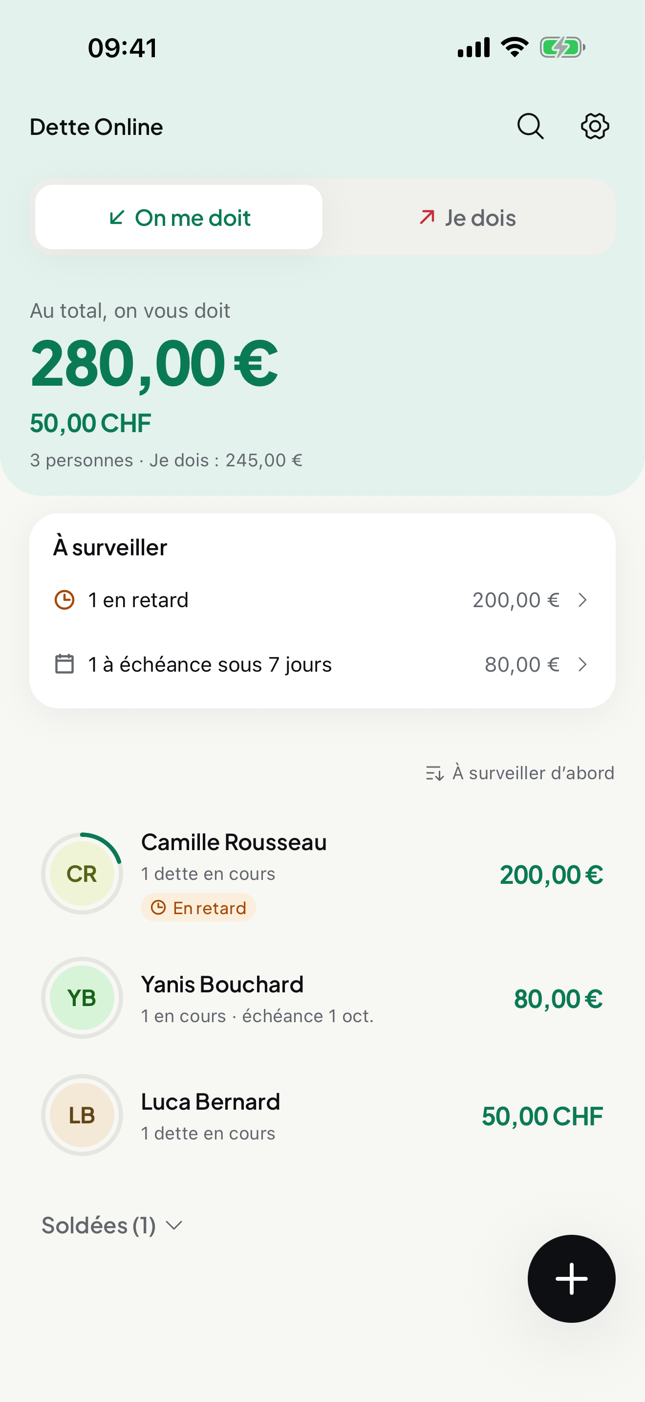 Écran d'accueil : on vous doit 280,00 € et 50,00 CHF, Camille Rousseau en retard en tête de liste.