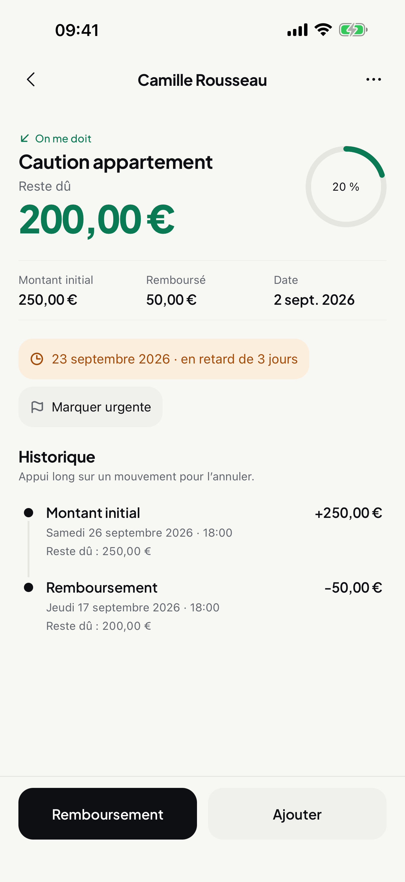 Fiche d'une dette : 200,00 € restant sur 250,00 €, remboursement de 50,00 € daté dans l'historique.